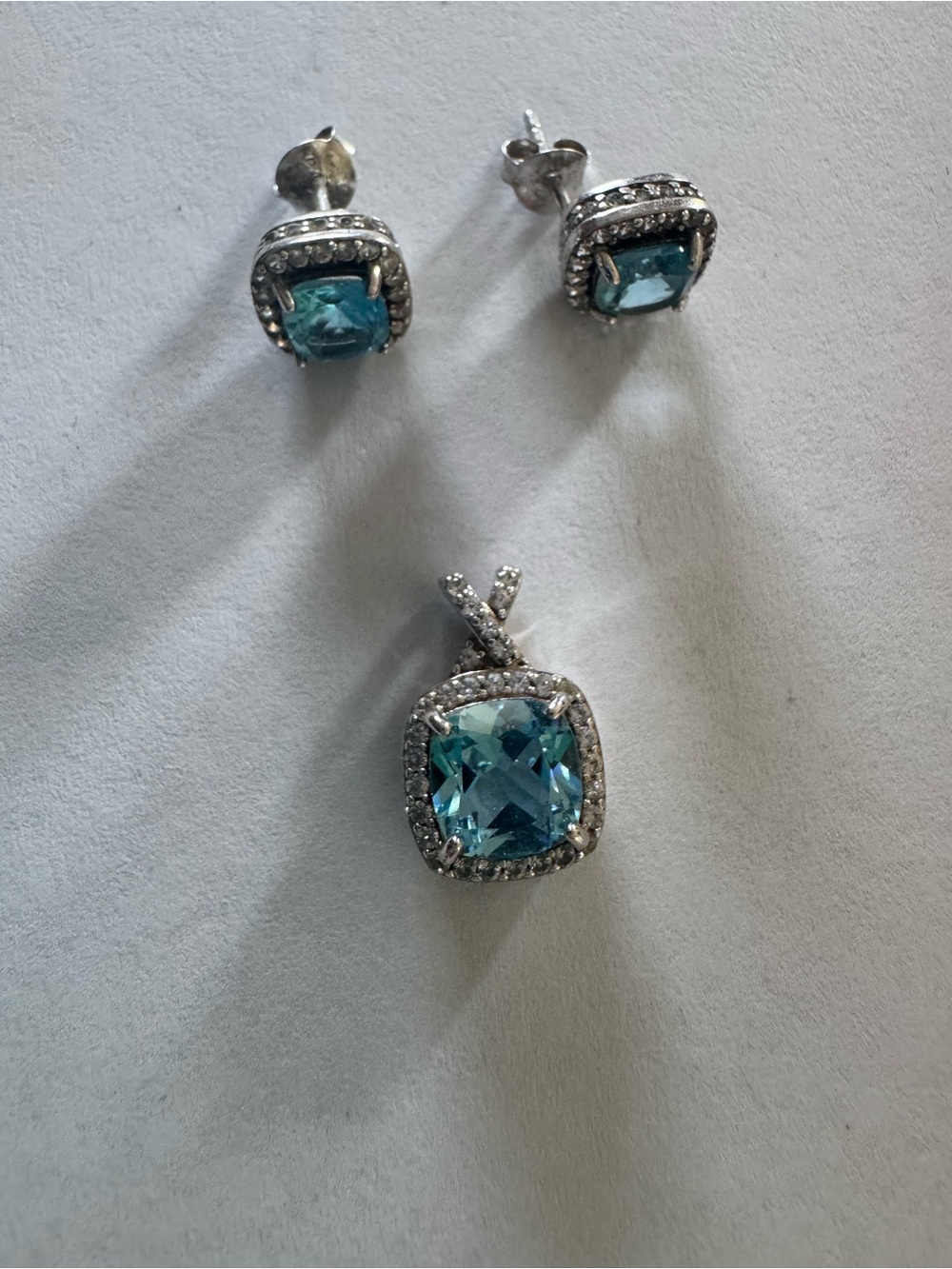 Sterling Silver Aqua Blue Cushion Pendant & Stud Earrings Set